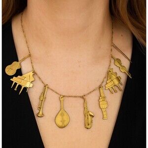 Vintage Artisan Brass Plated Music Instrument Charm Necklace